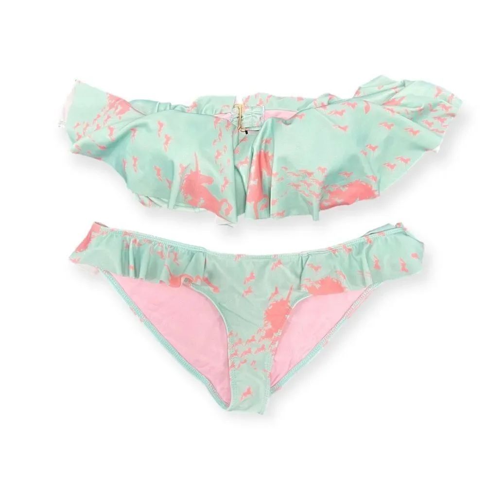 Beach Riot bikini, aqua blue pink unicorn print Flutter ruffle (top M, Bottom L)